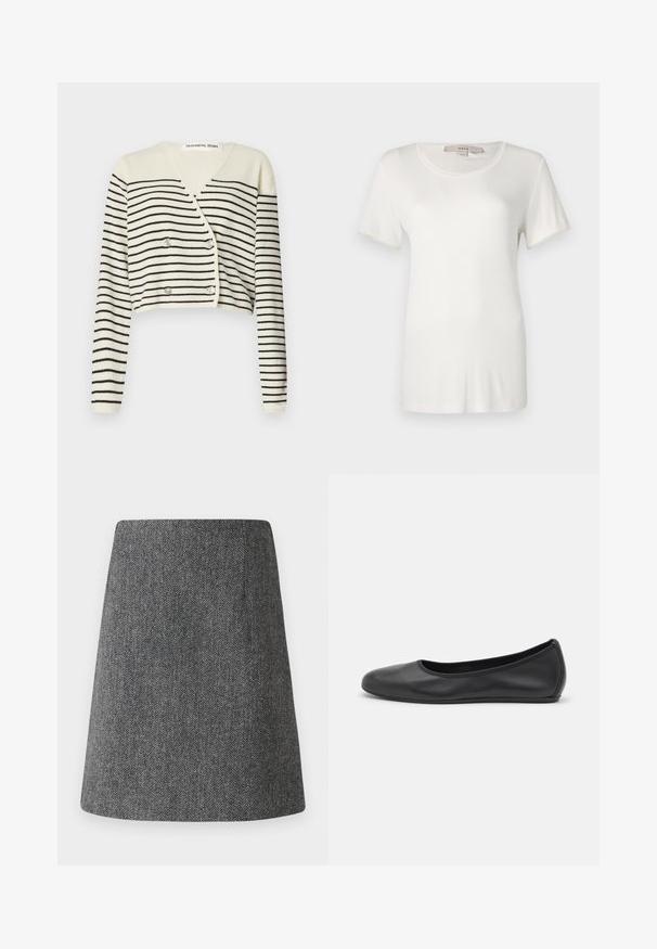 Afkortet cardigan i creme med sorte vandrette striber. Designet med V-hals, lange ærmer og dobbelte knapper som detalje.; Hvid kortærmet t-shirt lavet af blød, strækbar bomuld. Har en rund halsudskæring og en glat, ensartet tekstur uden synlige mønstre.; Grå fiskebensmønster nederdel med en udvidet A-linjeform, lavet af tekstureret stof. Har en ren talje og ingen synlige detaljer eller pynt.; Sort læderballetsko med rund tå, glat tekstur, minimal syning og et fleksibelt såldesign.