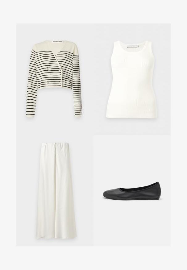 Cardigan court en crème, présentant des rayures noires horizontales. Conçu avec un col en V, des manches longues et une fermeture à double bouton pour plus de détail.; Débardeur blanc côtelé sans manches avec encolure ronde, coupe ajustée, et étiquette de la marque à l'intérieur du col arrière.; Jupe blanche à jambes larges, fabriquée en tissu lisse avec une taille élastique ; présente des coutures minimales et aucun motif ou détail supplémentaire.; Ballerines en cuir noir avec un bout rond, texture lisse, détails de couture minimalistes et design de semelle flexible.