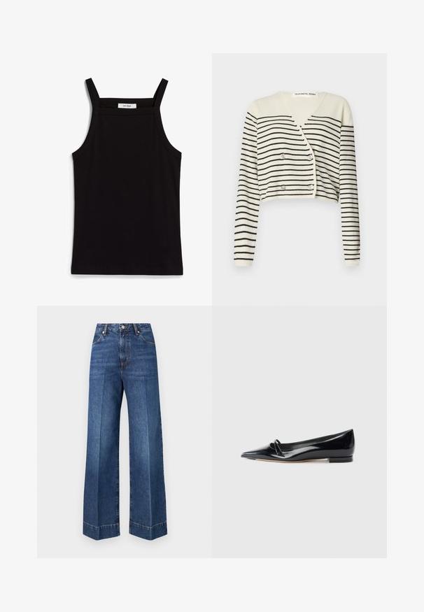 Geknipte cardigan in crème, met zwarte horizontale strepen. Ontworpen met een V-hals, lange mouwen en een dubbele knoopsluiting voor detail.; Zwarte tanktop met dunne spaghettibandjes, gemaakt van ribstof, met een rechte snit en een label op de hals dat "IVY OAK" zegt.; Blauwe wijde jeans met hoge taille, voorzakken, knoopsluiting en zichtbare stiksel details op een effen witte achtergrond.; Zwarte gepatenteerde leren platte schoen met een puntige neus, een kleine decoratieve band en een lage blokhak. Gladde textuur en strak ontwerp.