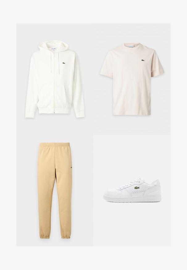 Sudadera blanca con cremallera, bolsillos frontales, capucha con cordón y pequeño logo verde del cocodrilo Lacoste en el pecho izquierdo.; Camiseta lisa de color beige claro, de manga corta con cuello redondo y pequeño logo verde de cocodrilo en el pecho izquierdo.; Pantalones jogger beige con cintura y puños elásticos, que presentan un pequeño logo de cocodrilo verde bordado en el muslo derecho.; Zapatillas de cuero blancas con acentos perforados, cordones planos y un pequeño logo verde en el lateral. Suela de goma y cuello acolchado para mayor comodidad.