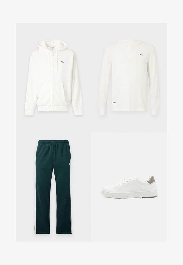 Valge lukuga dressipluus esitaskutega, kapuutsiga, mille paelad on kaelust reguleerivad, ning vasakul rinnal väike roheline Lacoste krokodilli logo.; Valge pika varrukaga henley-särk tekstuurse ribikangaga, kolmest nupukesest koosnev auk, ja rohelise tikitud krokodilli logo rinnal.; Tumedat rohelised dressipüksid elastse vöökohtaga ja valgete triipudega, mis kulgevad pükste välisk külgedel.; Valge tenniseking sileda nahaga, ümar varvas, minimalistlik disain, hall kand, ja tekstureeritud kummist tald.