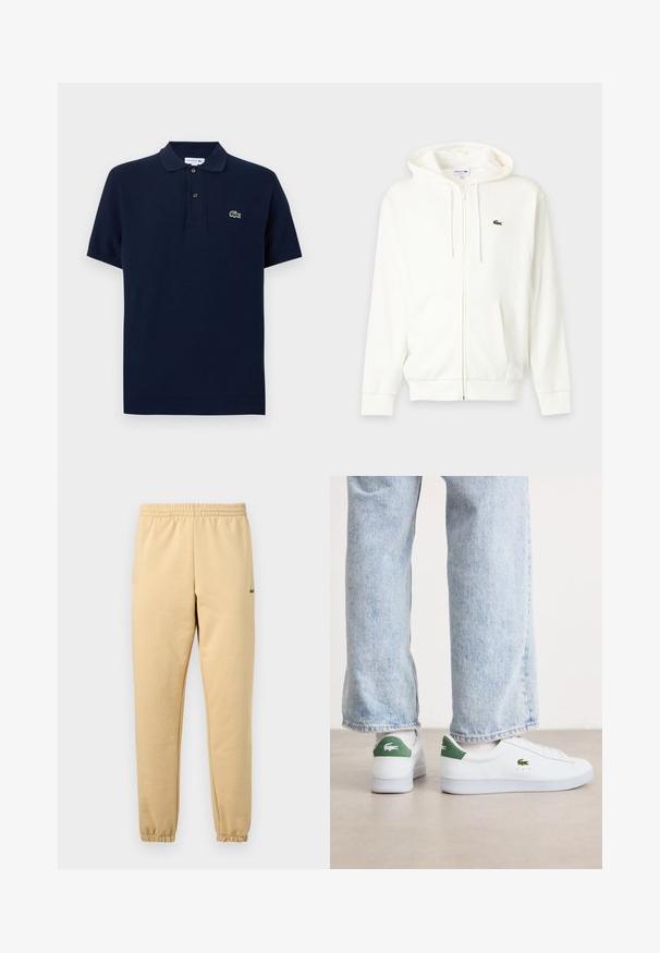 Sweat à capuche blanc zippé avec poches avant, capuche à cordon et petit logo crocodile Lacoste vert sur la poitrine gauche.; Polo à manches courtes bleu marine avec un col à deux boutons et un petit logo crocodile vert sur le côté gauche de la poitrine.; Pantalon de jogging beige avec taille élastique et poignets, arborant un petit logo crocodile vert brodé sur la cuisse droite.; Baskets blanches en cuir avec des accents verts sur le talon et un logo brodé. Texture lisse, design basse-tongue, associées à un jean bleu clair.