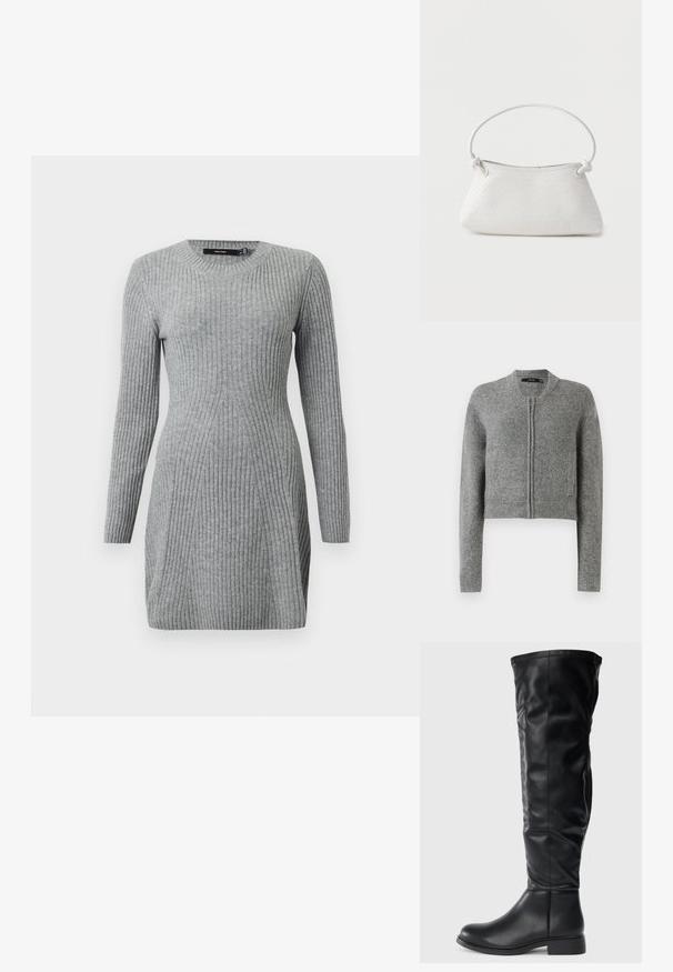 Grå strikket cropped cardigan med lynlås og lange ærmer samt ribbede manchetter på en hvid baggrund.; Grå stribet strikkjole med lange ærmer og rund hals. Har en tætsiddende pasform og lodrette linjer for tekstur. Blødt stof.; Sorte knæhøje støvler lavet af glat læder, med rund tå, lav blokhæl og en let skråning på skaftet med syninger.; Hvid fletlæderhåndtaske med afrundet håndtag og ender på remmen, der er knyttet, vist mod en ensfarvet baggrund.