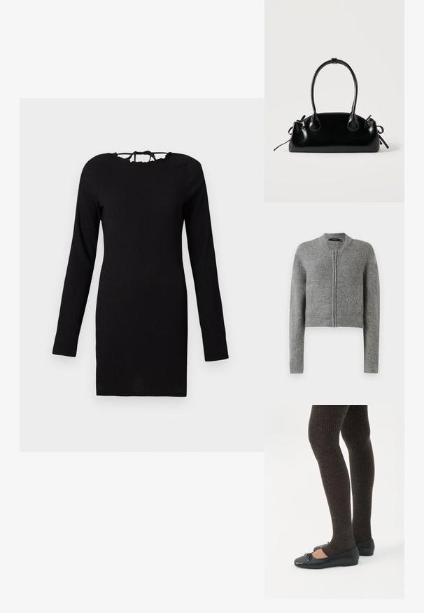 Sivý pletený krátky cardigan na zips s dlhými rukávmi a rebrovanými manžetami na bielom pozadí.; Čierne šaty s dlhým rukávom, z textúrovanej látky, s priliehavým strihom a viazaním na krku. Jednoduchý a všestranný dizajn.; Nohy v tmavých pásikavých legínach v kombinácii s čiernymi balerínkami s malými mašličkami na bielom pozadí.; Malá čierna lesklá kabelka s dvoma dlhými rúčkami a bočnými šnúrkovými detailmi na jednoduchom svetlom pozadí.