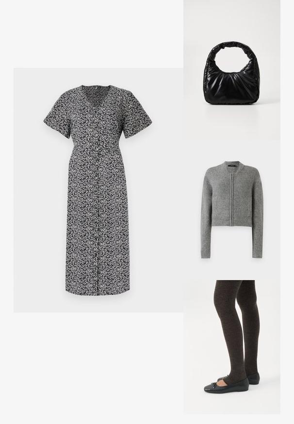 Cárdigan corto de punto gris, con cremallera, de mangas largas y puños acanalados, sobre un fondo blanco.; Vestido con estampado floral en blanco y negro, de manga corta, escote en V profundo, con botones en la parte delantera, hasta la rodilla, hecho de tela ligera, con un ajuste cómodo.; Piernas con leggings oscuros acanalados combinados con bailarinas negras que presentan pequeños detalles de lazo sobre un fondo blanco.; Bolso negro acolchado con un asa redondeada, que presenta una superficie lisa y brillante y una textura suave y acolchada. Sin herrajes ni acentos visibles.