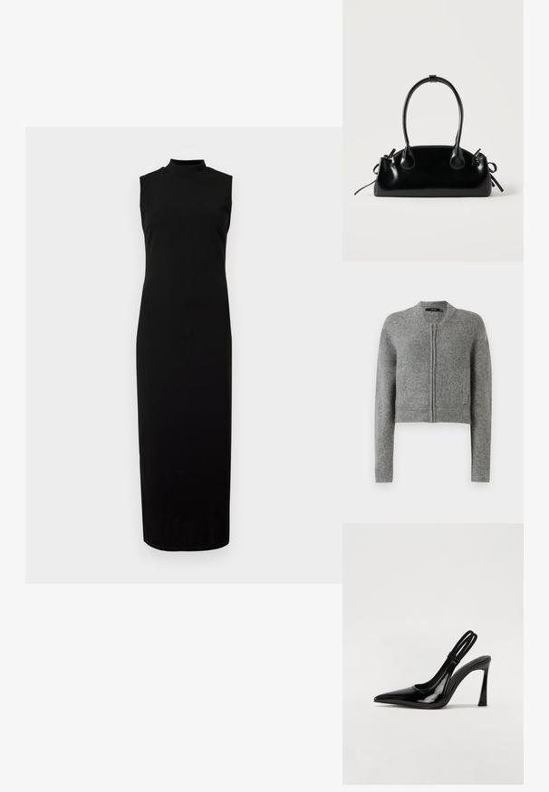Grå strikket cropped cardigan med lynlås og lange ærmer samt ribbede manchetter på en hvid baggrund.; Sort ærmeløs kjole med høj hals. Lavet af et glat, strækbart stof. Tæt figursyet form med en lang, lige kant. Ingen synlige mønstre eller detaljer.; Sorte patenterede lædersædler med spidse tæer, slank høj hæl og dobbelt elastisk rem for sikker pasform. Glat, skinnende overflade.; Lille sort blank håndtaske med to lange håndtag og snøre-detaljer i siden på en ensfarvet lys baggrund.