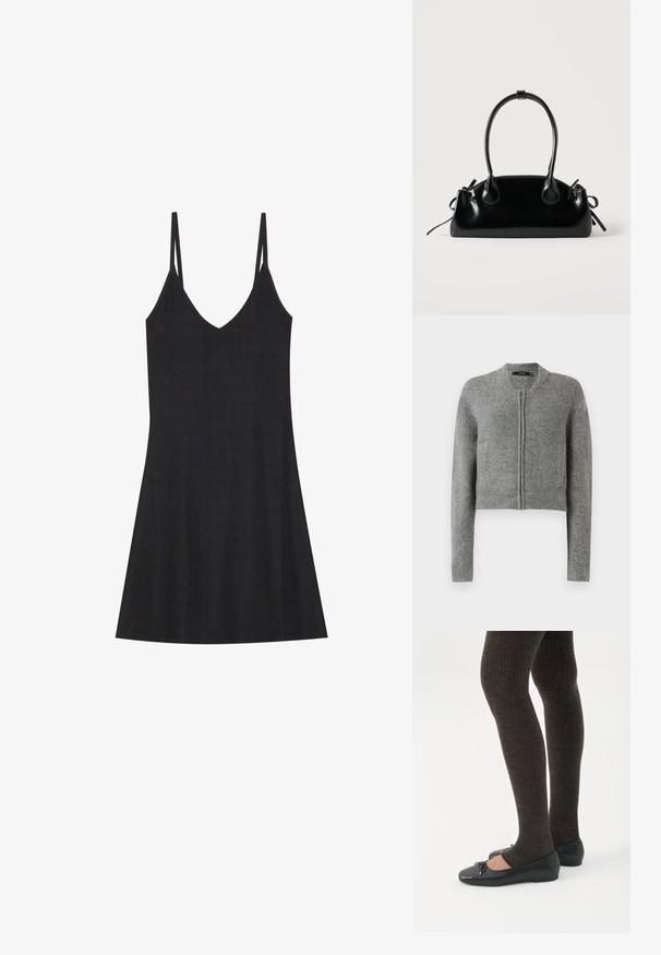 Grå strikket cropped cardigan med lynlås og lange ærmer samt ribbede manchetter på en hvid baggrund.; Sort ribbet slipkjole med V-hals og tynde justerbare stropper. Har en afslappet pasform, der falder over knæene, med minimalistisk design.; Ben iført mørke ribbede leggings kombineret med sorte balletsko med små sløjfedetaljer på hvid baggrund.; Lille sort blank håndtaske med to lange håndtag og snøre-detaljer i siden på en ensfarvet lys baggrund.