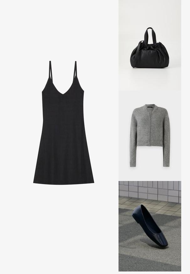Grå strikket cropped cardigan med lynlås og lange ærmer samt ribbede manchetter på en hvid baggrund.; Sort ribbet slipkjole med V-hals og tynde justerbare stropper. Har en afslappet pasform, der falder over knæene, med minimalistisk design.; Sort læder flad sko, stående opret på en asfaltbelægning nær en flisebelagt fortovskant.; Sort læderhåndtaske med en samlet topdesign, der har to korte håndtag og en lang justerbar rem. Glat overflade, rund form.