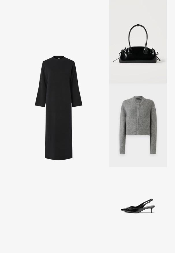 Grå strikket cropped cardigan med lynlås og lange ærmer samt ribbede manchetter på en hvid baggrund.; Sort langærmet kjole med høj halsudskæring, lavet af et glat, tekstureret stof. Har en lige pasform og falder under knæene.; Sorte læder slingback-pumps med spids tå, lav kitten-hæl og rynket detalje på overdelen. Glat tekstur og minimalistisk design.; Lille sort blank håndtaske med to lange håndtag og snøre-detaljer i siden på en ensfarvet lys baggrund.