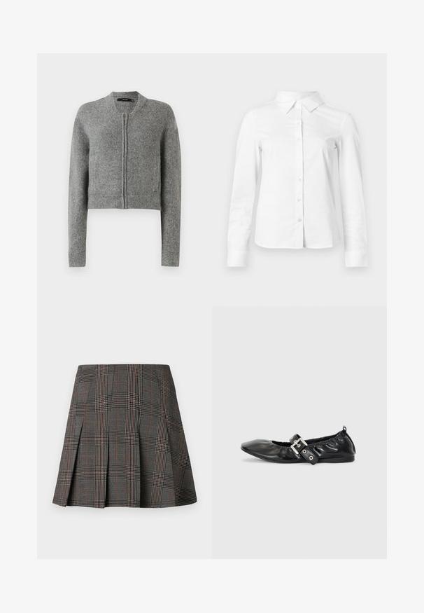 Gray knitted zip-up cropped cardigan with long sleeves and ribbed cuffs against a white background.; White long-sleeve button-up shirt with a pointed collar, straight hem, and fitted silhouette, displayed on a plain light background.; Gray plaid skirt featuring pleats, with intricate patterns of black and white, accented by thin red lines. Made from a structured fabric.; Black leather flat shoe with a pointed toe, gathered detailing around the opening, and a silver buckle accent on the adjustable strap.