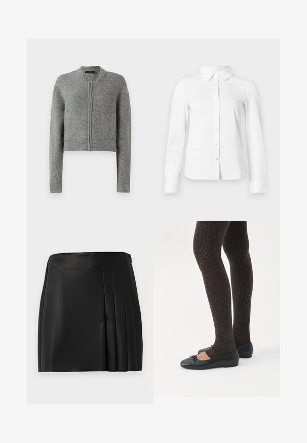 Grijze gebreide korte cardigan met rits, lange mouwen en ribbels aan de mouwen tegen een witte achtergrond.; Witte blouse met lange mouwen en knopen, met puntige kraag, rechte zoom en aansluitende silhouet, weergegeven op een effen lichte achtergrond.; Zwarte neplederen mini-jurk met een gladde voorkant en plissé-detail aan de rechterzijde, voorzien van een ritsluiting aan de achterkant.; Benen met donkere geribbelde leggings gecombineerd met zwarte ballerina's met kleine strikdetails op een witte achtergrond.