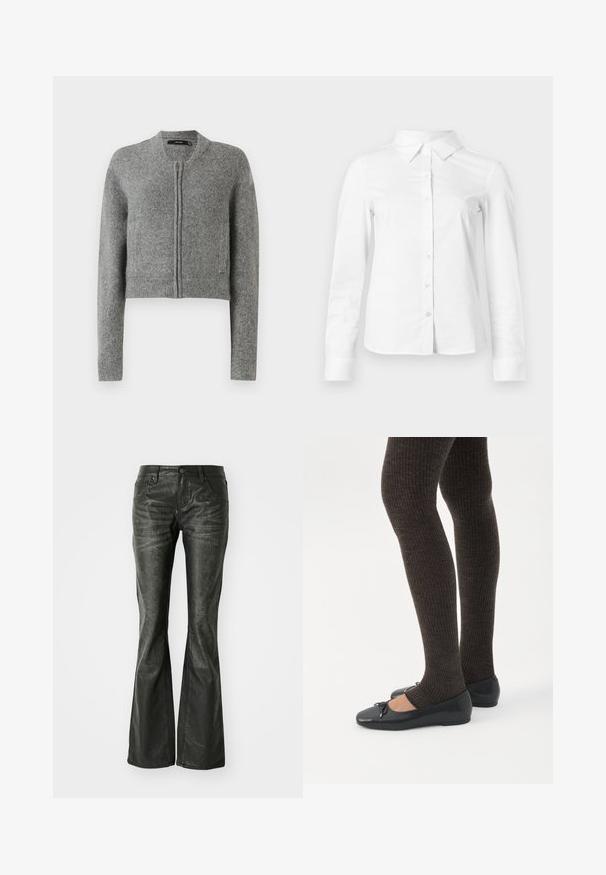 Grijze gebreide korte cardigan met rits, lange mouwen en ribbels aan de mouwen tegen een witte achtergrond.; Witte blouse met lange mouwen en knopen, met puntige kraag, rechte zoom en aansluitende silhouet, weergegeven op een effen lichte achtergrond.; Zwarte nepleer flared jeans met voorzakken, een metalen knoopsluiting en een licht gestructureerd oppervlak. Rechte pijpen met een lange snit.; Benen met donkere geribbelde leggings gecombineerd met zwarte ballerina's met kleine strikdetails op een witte achtergrond.
