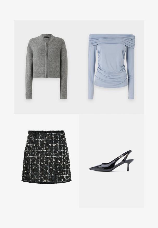 Grijze gebreide korte cardigan met rits, lange mouwen en ribbels aan de mouwen tegen een witte achtergrond.; Lichtblauw off-shoulder top van een gladde stof, met geplooide details rond de halslijn en taille, en lange mouwen.; Zwarte tweed rok met een ruitpatroon, verfraaid met pailletten en kleine bloemaccenten, met een rafelige zoom en een aansluitend ontwerp.; Zwart laklederen slingback-schoen met een puntige neus, verstelbare gesp en een slanke, hoge hak. Voorzien van een open zijkant ontwerp.