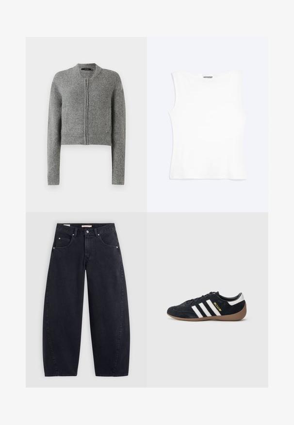 Cardigan court zippé en tricot gris avec des manches longues et des poignets côtelés sur un fond blanc.; Débardeur blanc ajusté sans manches avec un col rond et un design minimaliste, étiqueté "WEEKDAY" à l'intérieur du col.; Jean large en denim noir à taille haute, avec deux poches avant et des accessoires en argent. Texture lisse, détails de couture minimaux et coupe droite.; Baskets en daim noir avec trois bandes blanches, semelle en caoutchouc beige, et un petit logo doré sur le côté. Dotées d'une doublure intérieure noire lisse.