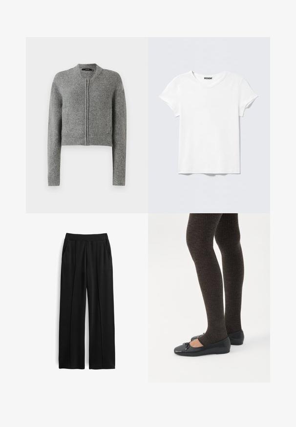 Grijze gebreide korte cardigan met rits, lange mouwen en ribbels aan de mouwen tegen een witte achtergrond.; Effen wit T-shirt met korte mouwen en V-hals, met een klein "WEEKDAY" label aan de binnenkant van de kraag, getoond op een lichtgrijze achtergrond.; Zwarte ruime broek van zacht stof, met een gladde tailleband, twee zijzakken en gestikte voorplooien voor extra detail.; Benen met donkere geribbelde leggings gecombineerd met zwarte ballerina's met kleine strikdetails op een witte achtergrond.