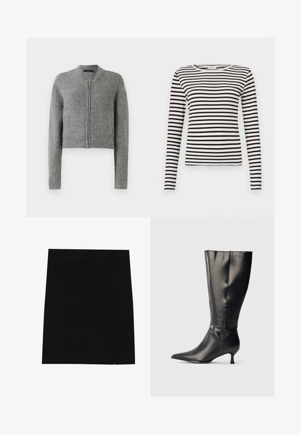 Cardigan court zippé en tricot gris avec des manches longues et des poignets côtelés sur un fond blanc.; Chemise à rayures noires et blanches à manches longues avec un col rond et une texture côtelée ajustée. Largeur des rayures équilibrée sur l'ensemble.; Mini-jupe noire en tissu doux avec une coupe ajustée, présentant une légère fente sur le côté pour plus de style.; Botte en cuir noire montant jusqu'au genou, avec un bout pointu et un petit talon bas, présentée sur un fond clair uni.