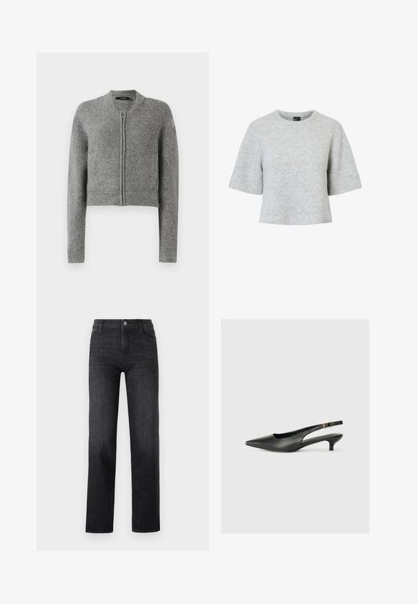 Sivý pletený krátky cardigan na zips s dlhými rukávmi a rebrovanými manžetami na bielom pozadí.; Sivý sveter s krátkym rukávom vyrobený z textúrovaného pleteného materiálu, s okrúhlym výstrihom a skráteným strihom. Bez viditeľných vzorov alebo akcentov.; Čierne džínsy s rovnými nohavicami, s predným zapínaním na gombík a piatimi vreckami. Tkanina má hladký povrch.; Čierne body topánky s otvorenou pätou vyrobené z hladkej kože. Zobrazuje tenké opätky a ozdobný detail s prackou na nastaviteľnom popruhu.
