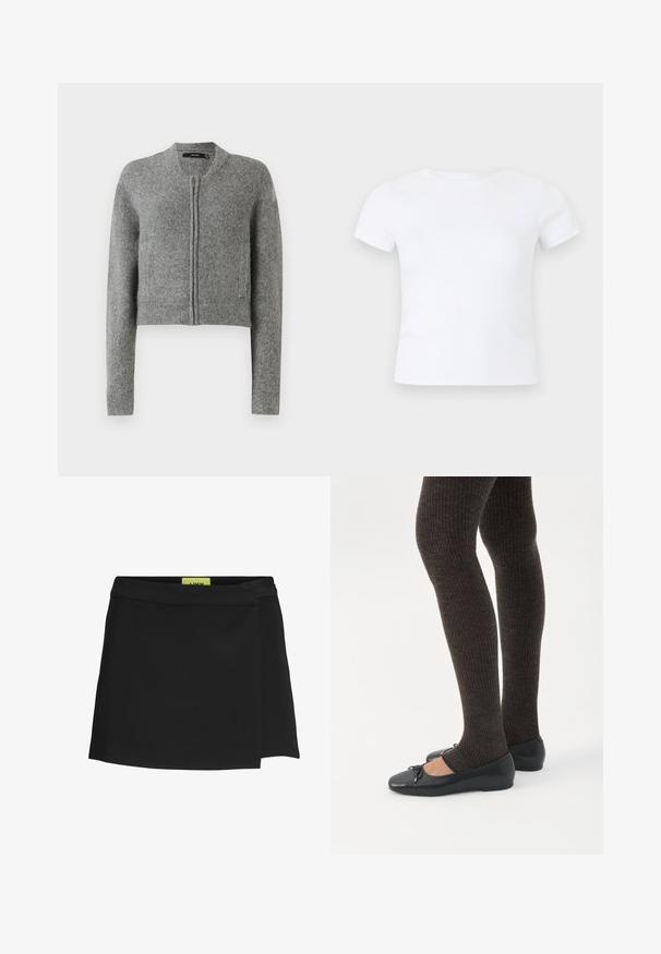 Grijze gebreide korte cardigan met rits, lange mouwen en ribbels aan de mouwen tegen een witte achtergrond.; Effen wit T-shirt met korte mouwen en een ronde hals, getoond op een neutrale lichtgrijze achtergrond.; Zwarte wikkelrok van gladde stof, met een hoge taille en een zijschuif. Label is zichtbaar in een contrasterende felgele kleur.; Benen met donkere geribbelde leggings gecombineerd met zwarte ballerina's met kleine strikdetails op een witte achtergrond.
