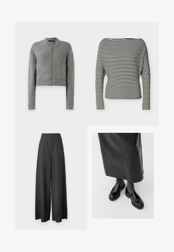 Grå strikket cropped cardigan med lynlås og lange ærmer samt ribbede manchetter på en hvid baggrund.; Sort-hvid, vandret striped langærmet top med bådudskæring og tætsiddende ærmer på en ensfarvet baggrund.; Sorte vide bukser lavet af et glat stof, med høj talje og plisseret design for ekstra struktur og dybde.; Sorte læder loafers med en glat finish, prydet med en dekorativ rem, rund tå og tekstureret sål. Båret med en lang sort læderskirt.