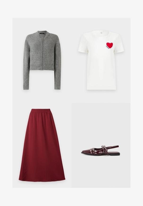 Grå strikket cropped cardigan med lynlås og lange ærmer samt ribbede manchetter på en hvid baggrund.; Hvid T-shirt med korte ærmer, prydet med et rødt hjerte og ordet "AMOUR" trykt på venstre bryst.; Bordeaux maxi nederdel med elastisk talje, der har et glat, flydende stof og et enkelt, uprydet design.; Bordeaux patentlæder slingback flad sandal med spids tå, der har dekorerede remme med metalliske detaljer.