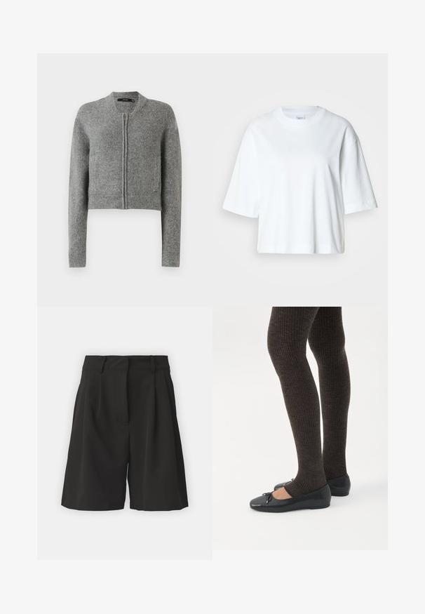 Grå strikket cropped cardigan med lynlås og lange ærmer samt ribbede manchetter på en hvid baggrund.; Hvid cropped t-shirt med korte ærmer, rund halsudskæring, lavet af blødt bomuldsmateriale, med et enkelt og rent design.; Sorte shorts med et skræddersyet design, der har læg foran, en bred talje, og en glat overflade. Ingen synlige lommer.; Ben iført mørke ribbede leggings kombineret med sorte balletsko med små sløjfedetaljer på hvid baggrund.