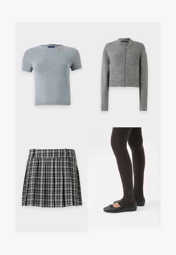 Cárdigan corto de punto gris, con cremallera, de mangas largas y puños acanalados, sobre un fondo blanco.; Camiseta gris de manga corta hecha de un suave tejido de punto, con un escote redondo y un diseño ajustado con costuras mínimas y sin patrones.; Falda plisada de cuadros en blanco y negro con una cintura suave y múltiples pliegues verticales. Fabricada en un tejido ligero.; Piernas con leggings oscuros acanalados combinados con bailarinas negras que presentan pequeños detalles de lazo sobre un fondo blanco.