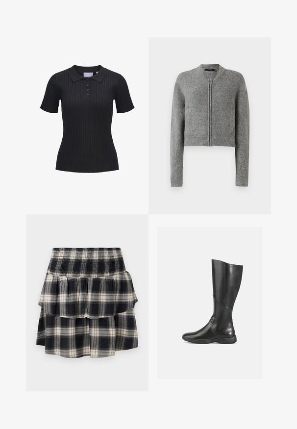 Grijze gebreide korte cardigan met rits, lange mouwen en ribbels aan de mouwen tegen een witte achtergrond.; Zwart kortademig geribbeld katoenen poloshirt met vier knopen en een traditionele kraag.; Zwart-wit geruite tiered rok met smock tailleband. Heeft gerimpelde lagen en een zachte katoentextuur.; Zwarte leren kniehoge laars met een soepele afwerking, ronde neus en zachte zool. Kenmerkt zich door een modern silhouet en minimale stikselaccenten.