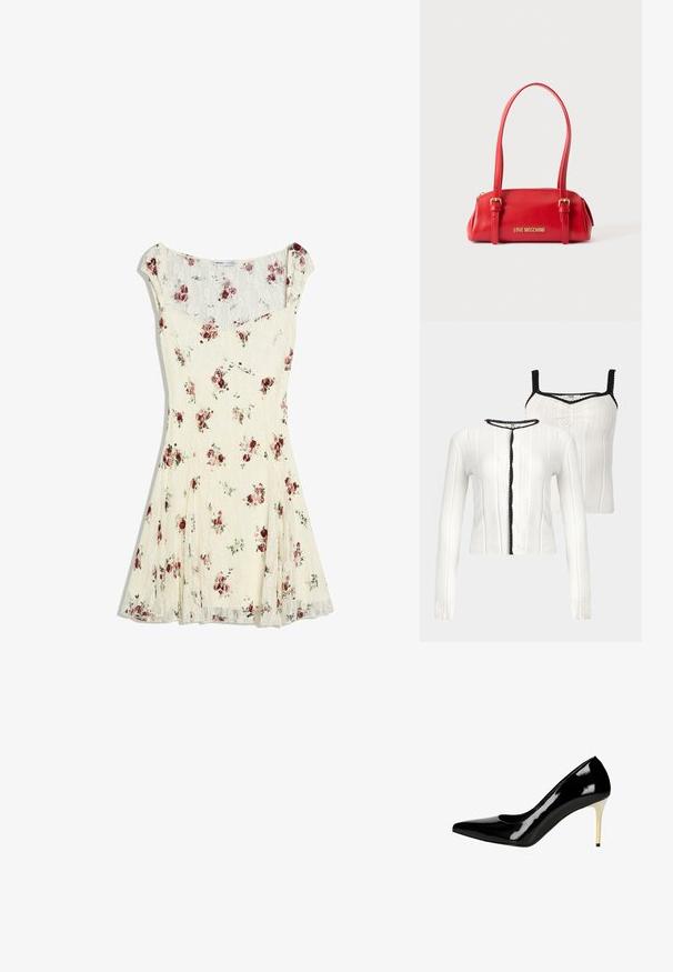 Cardigan en maille blanche et top sans manches assorti avec bordure noire festonnée sur les bords, présenté sur fond neutre.; Robe en dentelle crème avec manches courtes type « cap » et petit imprimé floral rouge et rose, taille cintrée et jupe évasée.; Chaussure à talon haut en cuir verni noir avec un bout pointu et un talon aiguille fin en métal doré. Texture lisse avec une finition brillante.; Sac à main rectangulaire rouge Love Moschino avec deux longues bandoulières et détails de boucle en or sur un fond clair.