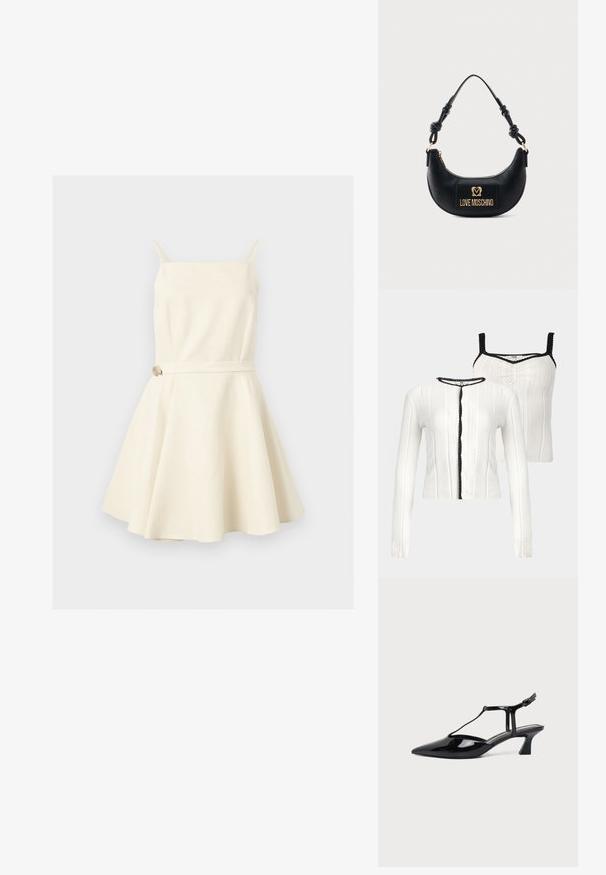Cardigan en maille blanche et top sans manches assorti avec bordure noire festonnée sur les bords, présenté sur fond neutre.; Robe sans manches couleur crème avec fines bretelles, encolure carrée, taille ajustée avec une petite ceinture et jupe évasée.; Chaussure slingback en cuir verni noir à bout pointu avec bride en T et petit talon bloc incliné sur fond blanc.; Sac à main noir demi-lune avec poignée nouée et plaque logo dorée "Love Moschino" sur le devant, fermeture éclair en haut.