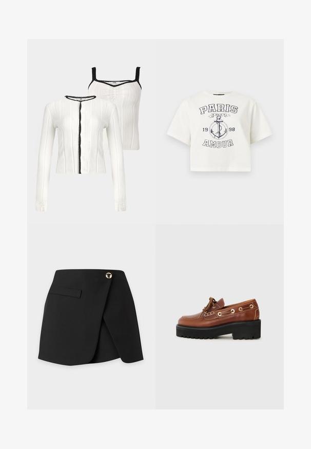 Cardigan en maille blanche et top sans manches assorti avec bordure noire festonnée sur les bords, présenté sur fond neutre.; T-shirt blanc court avec un graphique noir d'ancre, les inscriptions « PARIS AMOUR », « MAJE » et l'année « 1998 » imprimées sur le devant.; Mini-jupe noire asymétrique avec rabat devant, une fermeture par bouton doré et une poche horizontale à fente sur le côté gauche.; Chaussure en cuir brun avec un bout arrondi, des coutures décoratives, des éléments en métal et une semelle noire épaisse avec une texture anti-dérapante.