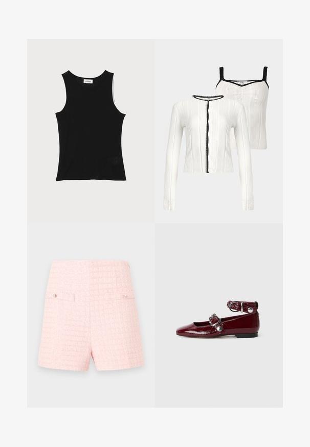 Cardigan en maille blanche et top sans manches assorti avec bordure noire festonnée sur les bords, présenté sur fond neutre.; Débardeur noir à côtes avec un encolure ronde et de larges bretelles, présentant une finition texturée subtile et un petit détail en mesh au bas.; Shorts taille haute en tweed rose avec un motif à carreaux subtil et deux poches avant à rabat, chacune ornée d'un petit bouton en perle.; Ballerines en cuir verni bordeaux avec un bout pointu, une bride de cheville avec une boucle en argent et un petit talon. Texture lisse sur l'ensemble.