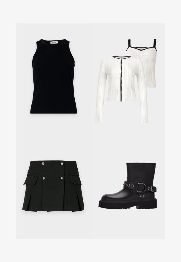 Cardigan en maille blanche et top sans manches assorti avec bordure noire festonnée sur les bords, présenté sur fond neutre.; Débardeur noir à côtes avec un col rond et de larges bretelles. Ne présente ni ornements ni motifs. Texture lisse.; Jupe mini plissée noire en tissu texturé, dotée de deux poches avant et de accents de boutons en ton doré.; Botte en cuir noire mi-mollet avec semelle épaisse à crampons, bride décorative avec œillets en métal argenté et boucle latérale.