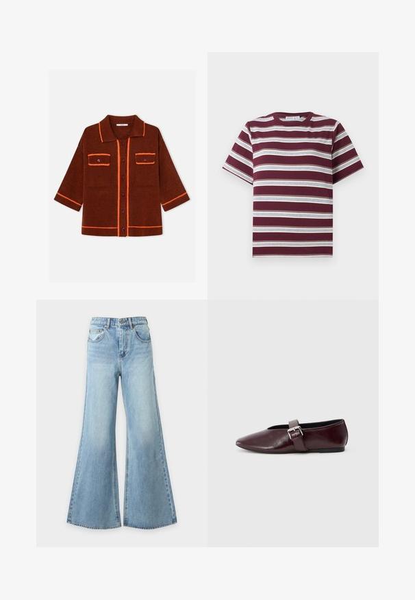 Cardigan en maille marron avec bordure orange, col et devant boutonné. Comprend deux poches poitrine et manches courtes. Tissu texturé.; T-shirt bordeaux à manches courtes avec des rayures horizontales blanches et grises, col rond, à plat sur fond blanc.; Jean bleu clair à jambes larges en denim avec fermeture à bouton et fermeture éclair à l'avant, passants de ceinture et poches avant, présenté sur un fond uni.; Ballerines en cuir bordeaux avec un bout pointu, une semelle plate et une sangle décorative avec boucle sur le cou-de-pied. Texture lisse et brillante.
