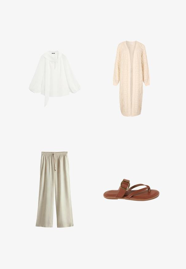 Crèmekleurige, lange gebreide cardigan met open voorkant, kabel- en kantpatronen, met geribbelde manchetten en zoom.; Witte blouse met lange mouwen, brede opgeblazen mouwen en een lange stoffen strik die om de halslijn gedrapeerd is.; Beige wijde broek met elastische tailleband en trekkoord, voorzien van zijzakken, afgebeeld tegen een witte achtergrond.; Bruine platte sandaal met dunne bandjes en een gouden gesp op een witte achtergrond, zijaanzicht.