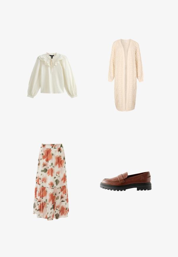 Crèmekleurige, lange gebreide cardigan met open voorkant, kabel- en kantpatronen, met geribbelde manchetten en zoom.; Witte blouse met lange mouwen, volants bij de halslijn en een zachte textuur; heeft een strik bij de kraag en gathered pofmouwen.; Bloemenprint enkellange rok van lichtgewicht, doorschijnende stof. Voorzien van een pastel bloemenpatroon met geplooide lagen en een elastische tailleband.; Bruine leren loafers met een verhoogde neus, decoratieve band en een geprofileerde zwarte rubberen zool met opvallend profiel.