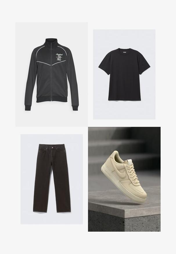 Sort lynlåsjakke med hvid piping, høj krave og to sidelommer. Har et broderet logo i grøn og hvid på brystet.; Sort kortærmet t-shirt lavet af bomuld. Har en rund halsudskæring og en afslappet pasform. Enkel design uden synlige mønstre eller accenter.; Svarte denimjeans med straight-leg design, fem lommer og kobberfarvet syning. Glat tekstur, klassisk knaplukning i taljen.; Beige Nike Air Force 1 sneaker, der svæver over en grå betonafdækning med en sløret trapp baggrund.