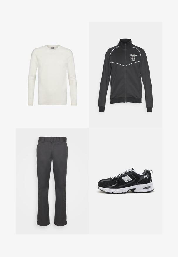 Sort lynlåsjakke med hvid piping, høj krave og to sidelommer. Har et broderet logo i grøn og hvid på brystet.; Hvid langærmet T-shirt lavet af blødt stof med rund hals og tætsiddende ærmer, uden synlige mønstre eller udsmykninger.; Sorte bukser lavet af glat stof, med lige ben-design, bæltestropper og uden synlige lommer eller pynt.; Sorte og grå sportssko med mesh og ruskind på overdelen, der har en hvid mellemsål, snørebånd og et iøjnefaldende "N" logo på siden.