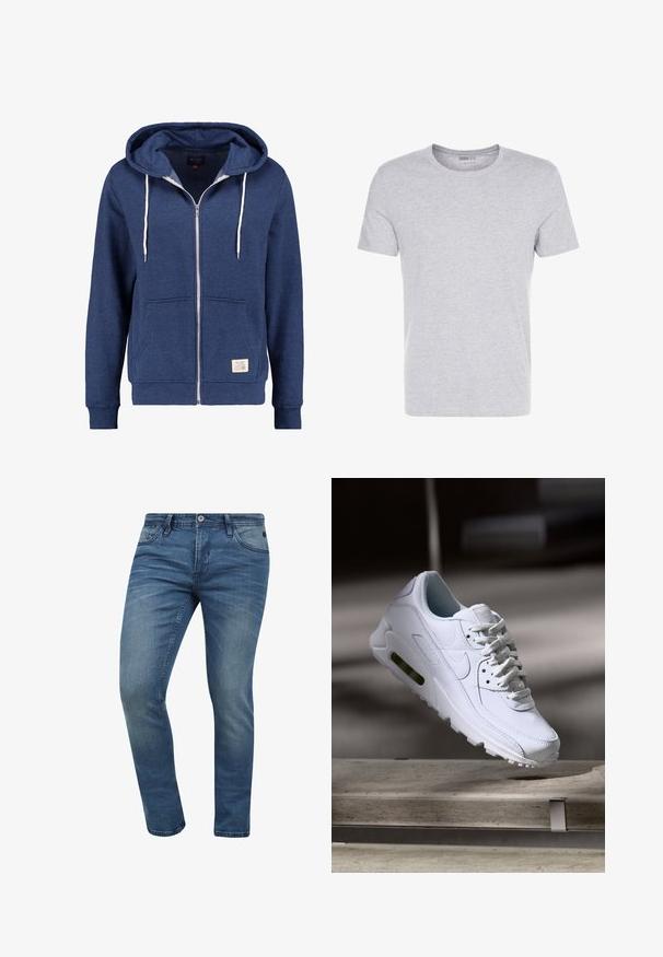 Mørkeblå hættetrøje med lynlås, frontlomme, justerbar snoretræk til huen, ribbede manchetter og et lille mærke nederst foran. Blødt stof.; Grå bomulds T-shirt med rund hals, korte ærmer og et enkelt design, som har en blød, glat tekstur uden synlige mønstre eller udsmykninger.; Tætsiddende blå denim jeans med en falmet vask, fem lomme-design og lukning med metalknap. Stoffet har en let tekstur og syninger.; Hvide lædersneakers med teksturerede overflader, polstret krave og synlig luftpolstring i sålen. Har snørrebånd og et minimalistisk design.