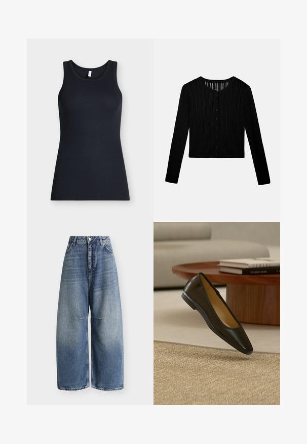 Sort langærmet strikket cardigan med lodret ribmønster og knaplukning foran, kort længde og rund halsudskæring.; Sort ærmeløs ribstrikket tanktop med rund halsudskæring, vist fladt mod en lys baggrund.; Blå cowboybukser med høj talje og vide ben med forlommer, bæltestropper og knaplukning på hvid baggrund.; Sort flad lædersko med afrundet firkantet tå på et beige vævet tæppe, med et træsofabord og stablede bøger i baggrunden.