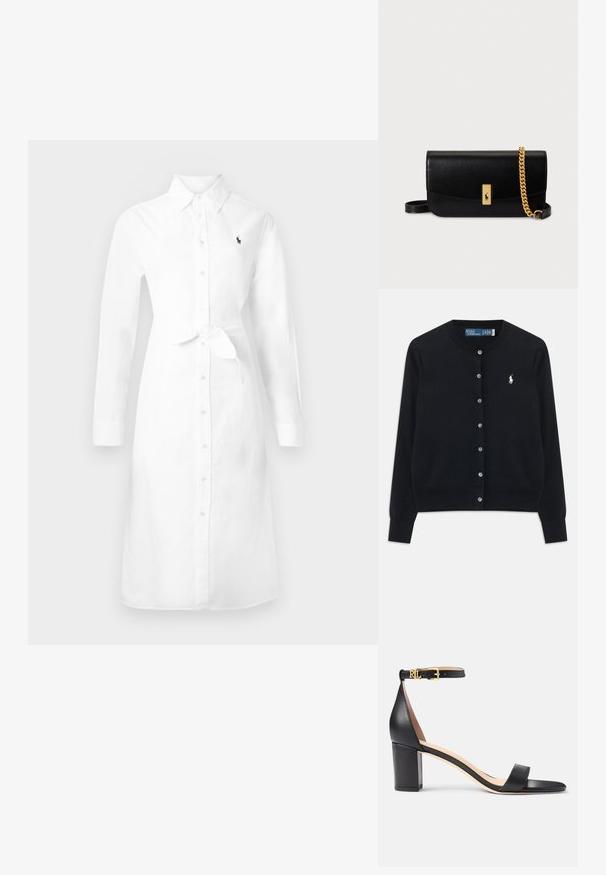 Sort knap-front cardigan med lange ærmer, rund halsudskæring og hvidt Polo Ralph Lauren-logo broderet på venstre bryst.; Lang hvid skjortekjole med lange ærmer, krave, bindebånd i taljen og lille mørkt logo på venstre bryst.; Lauren Ralph Lauren LOGAN BURNISHED LEATHER SANDAL - Sandaler - black; Sort læder crossbody taske med en gylden kæde-rem, rektangulær form, magnetlukning og en guldfarvet logo-accent på forsiden.