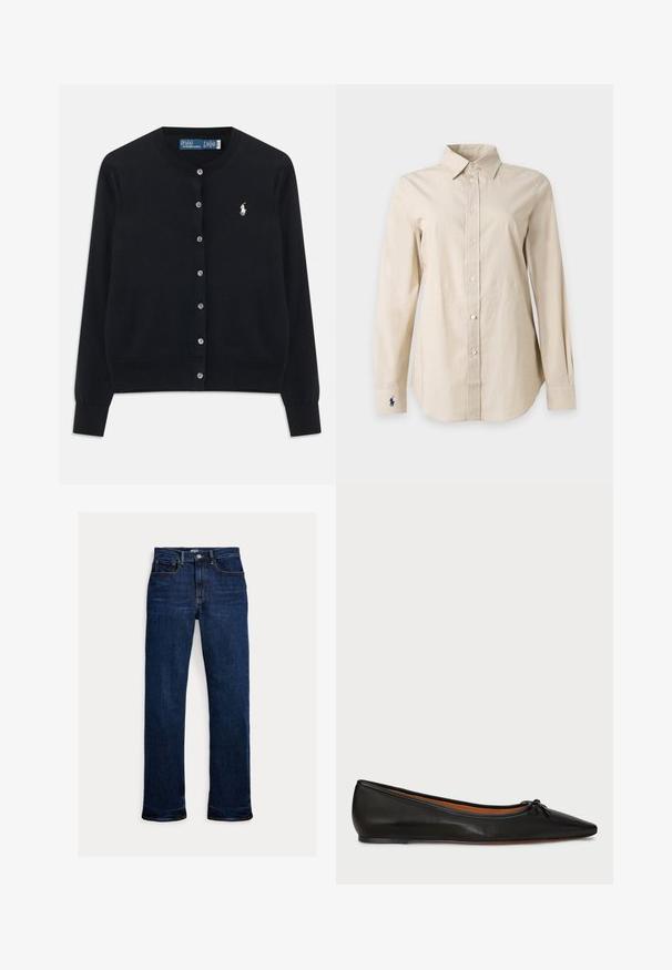 Čierny cardigan s gombíkmi, dlhými rukávmi, okrúhlym výstrihom a vyšitým bielym logom Polo Ralph Lauren na ľavej hrudi.; Béžová košeľa s dlhými rukávmi na gombíky, so špicatým golierom a malým tmavým logom vyšitým pri ľavom manžete.; Tmavomodré rifle s rovnými nohavicami, predným gombíkom a zipsom, päťvreckový dizajn a viditeľné detaily prešívania.; Čierne kožené balerínky s špicatou špičkou, štíhlym strihom a malou mašľou na prednej strane. Hladká textura a minimalistický dizajn.