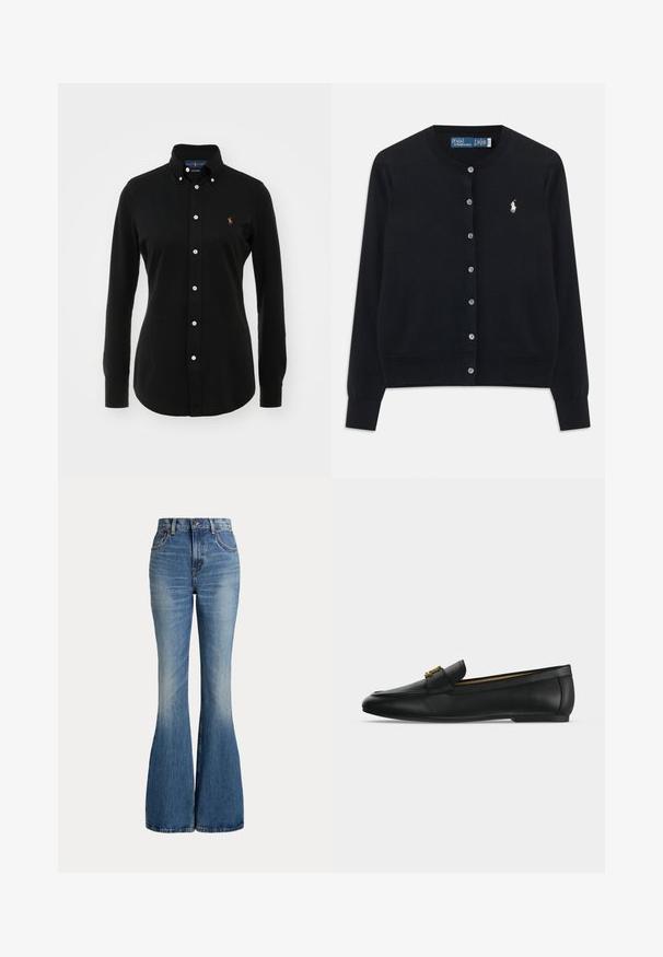 Zwarte knopen-up cardigan met lange mouwen, ronde hals en een witte Polo Ralph Lauren-logo geborduurd op de linkerborst.; Zwarte longsleeve shirt van katoen met een button-down kraag, voorzien van witte knopen en een klein geborduurd logo op de borst.; High waist blauwe spijkerbroek met uitlopende pijpen en lichte vervaging aan de voorkant van het bovenbeen, getoond tegen een witte achtergrond.; Zwarte leren loafer met een gouden metalen gesp bovenop, platte zool en een gestikt ontwerp langs de bovenrand.