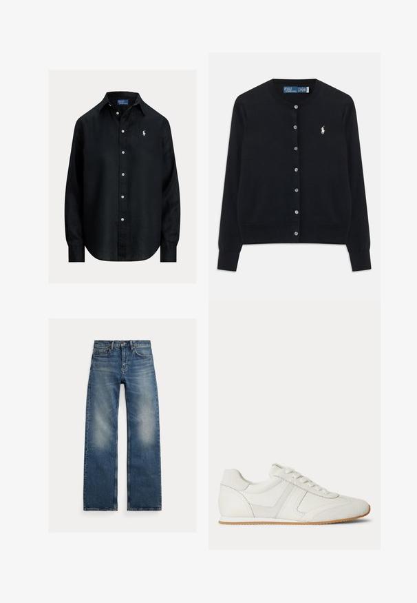 Sort knap-front cardigan med lange ærmer, rund halsudskæring og hvidt Polo Ralph Lauren-logo broderet på venstre bryst.; Sort skjorte med lange ærmer, knapper, krave, hvide knapper og lille hvid broderet Polo Ralph Lauren-logo på venstre bryst.; Blå jeans med lige ben og falmede områder på lårene, fem-lommer design og knaplukning, lagt fladt på en hvid baggrund.; Hvid lavtop sneaker med snørelukning foran, ruskind- og læderpaneler og en lysebrun gummisål på en hvid baggrund.