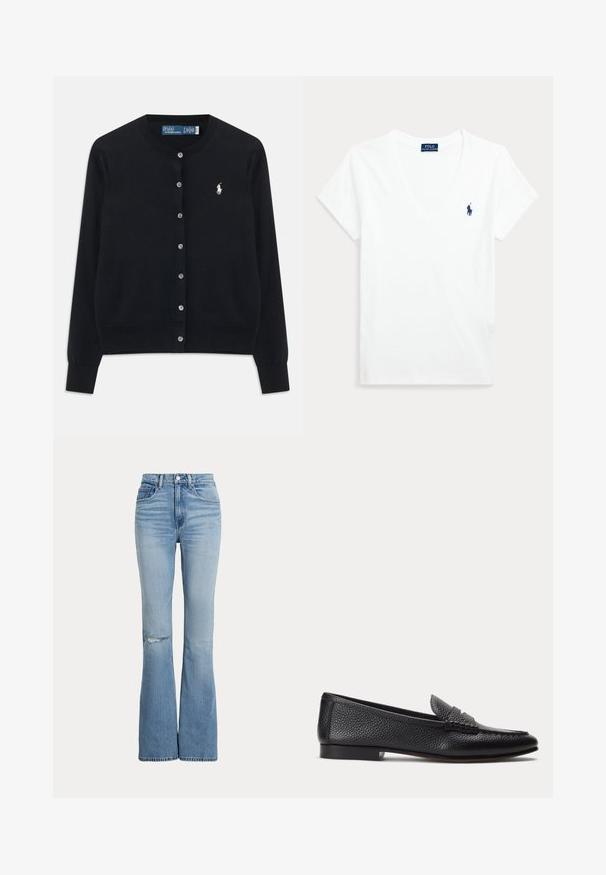 Čierny cardigan s gombíkmi, dlhými rukávmi, okrúhlym výstrihom a vyšitým bielym logom Polo Ralph Lauren na ľavej hrudi.; Biele tričko s krátkym rukávom a výstrihom do V, s malým tmavomodrým logom Polo Ralph Lauren na ľavej strane hrude.; Svetlomodré rozšírené rifle s vysokým pásom, prednými vreckami, zapínaním na gombík a zips, a malým roztrhnutím v oblasti ľavého kolena.; Čierny textúrovaný kožený mokasín s nízkym podpätkom a klasickým remienkom na mincu, zobrazený z profilu na jednoduchom svetlom pozadí.