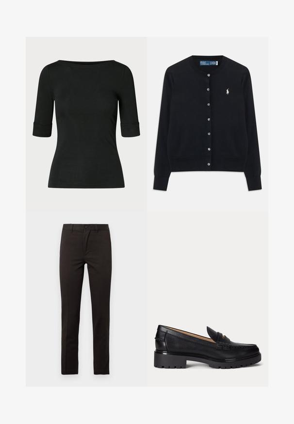 Čierny cardigan s gombíkmi, dlhými rukávmi, okrúhlym výstrihom a vyšitým bielym logom Polo Ralph Lauren na ľavej hrudi.; Čierna priliehavá košeľa s rukávmi do lakťa a širokým, okrúhlym výstrihom na jednoduchom pozadí.; Čierne nohavice s rovnými nohavicami vyrobené z hladkej bavlnenej zmesi; majú predné zapínanie na gombík, zips a dve bočné vrecká. Čistý, minimalistický dizajn.; Čierny kožený mokasín s hrubou profilovou podrážkou, nízkym podpätkom a dekoratívnym remienkom vpredu.