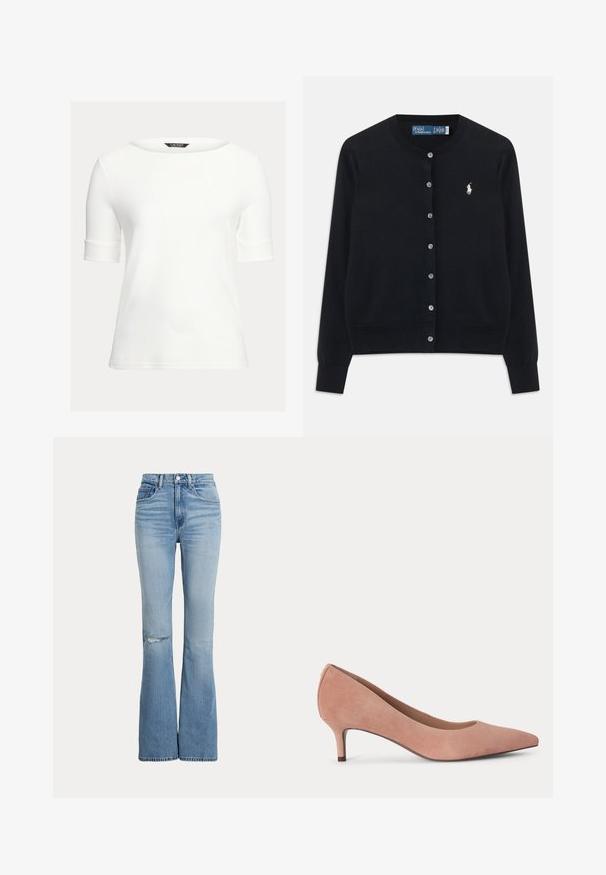 Čierny cardigan s gombíkmi, dlhými rukávmi, okrúhlym výstrihom a vyšitým bielym logom Polo Ralph Lauren na ľavej hrudi.; Biela priliehavá blúzka s lodičkovým výstrihom, krátkymi rukávmi s manžetami a hladkým, jemným materiálom. Jednoduchý dizajn bez vzorov alebo ozdôb.; Svetlomodré rozšírené rifle s vysokým pásom, prednými vreckami, zapínaním na gombík a zips, a malým roztrhnutím v oblasti ľavého kolena.; Jedna ružová semišová nízka dámska topánka s ihlanovitým špicom a štíhlym malým podpätkom na jednoduchom svetlom pozadí.