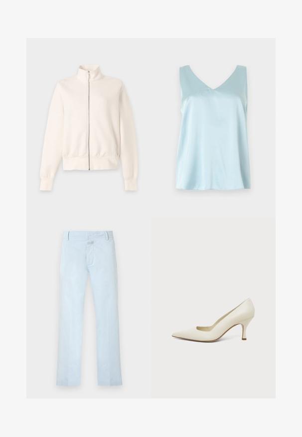 Veste zippée à manches longues blanc cassé avec col montant et poignets et bas côtelés sur fond gris clair.; Haut sans manches en satin bleu clair avec encolure en V, coupe ample et texture lisse et brillante sur un fond uni.; Pantalon bleu clair à jambes droites avec poches avant, passants de ceinture, et fermeture dissimulée par bouton et zip.; Chaussure à talon haut en cuir couleur crème, à bout pointu et talon fin de hauteur moyenne, sur un fond clair uni.