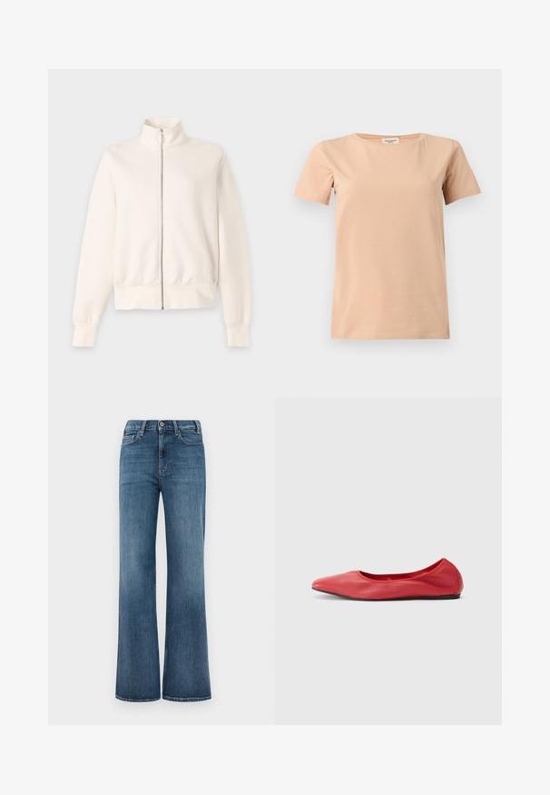 Chaqueta de manga larga con cremallera en color blanco roto, con cuello alto y puños y bajo acanalados sobre un fondo gris claro.; Camiseta beige de manga corta con cuello redondo y dobladillo recto sobre un fondo liso gris claro.; Vaqueros de mezclilla azul con corte de pierna ancha, cierre de botón y cremallera, y bolsillos delanteros y traseros, exhibidos sobre un fondo blanco liso.; Filippa K REY FLATS - Bailarinas - bright red