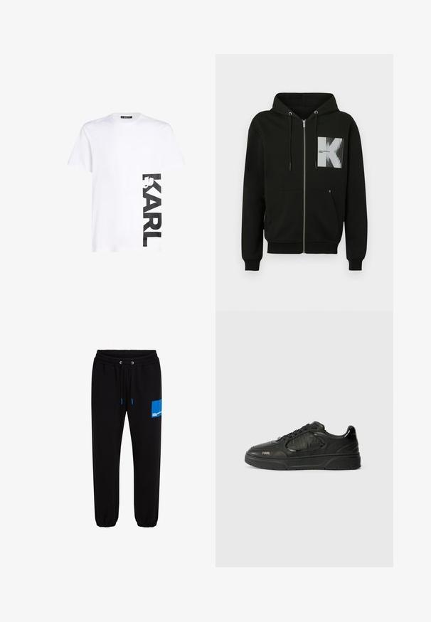 Sort lynlåshoodie med en lomme foran, snøre i huen og en grafik firkant med et stiliseret 'K' og lodrette hvide linjer.; Hvid bomulds t-shirt med et stort sort trykt "KARL" logo på venstre side, korte ærmer og en klassisk rund halsudskæring.; Sorte sweatpants med elastisk talje, kontrasterende blå snore og et blåt grafisk mærke med tekst på venstre lår.; Sorte lavtop sneakers med teksturerede paneler, snørrebånd fortil, gummisål, og "KARL" branding på siden og hælflappen.