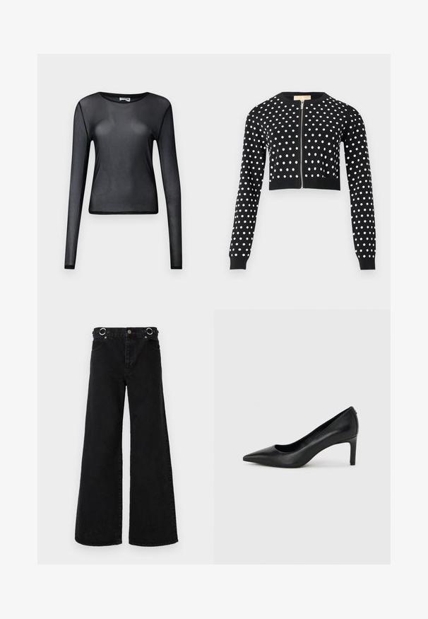 Sort cropped cardigan med hvide polkaprikker, lange ærmer, ribbede manchetter og kant samt en sølvfarvet lynlås foran.; Sort, langærmet, gennemsigtig mesh-top med rund hals og tætsiddende silhuet vist på ensfarvet baggrund.; Sorte jeans med vide ben lavet af denim, med høj talje, store forlommer og sølvfarvede runde detaljer ved taljebåndet.; Sort læderhøjhælet pumpe med spids tå og slank, mellemhøj hæl på en ensartet lys grå baggrund.